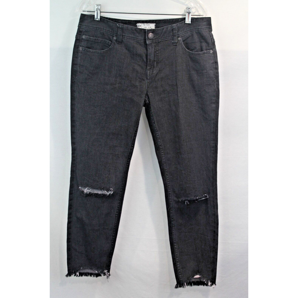 Free People Ankle Crop Distress Jeans size 29 Black Denim Pocket Stretch Raw Hem
